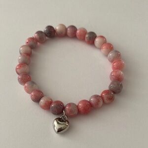 Rhodonite stone Pink and Purple Beaded Bracelet with Heart Charm